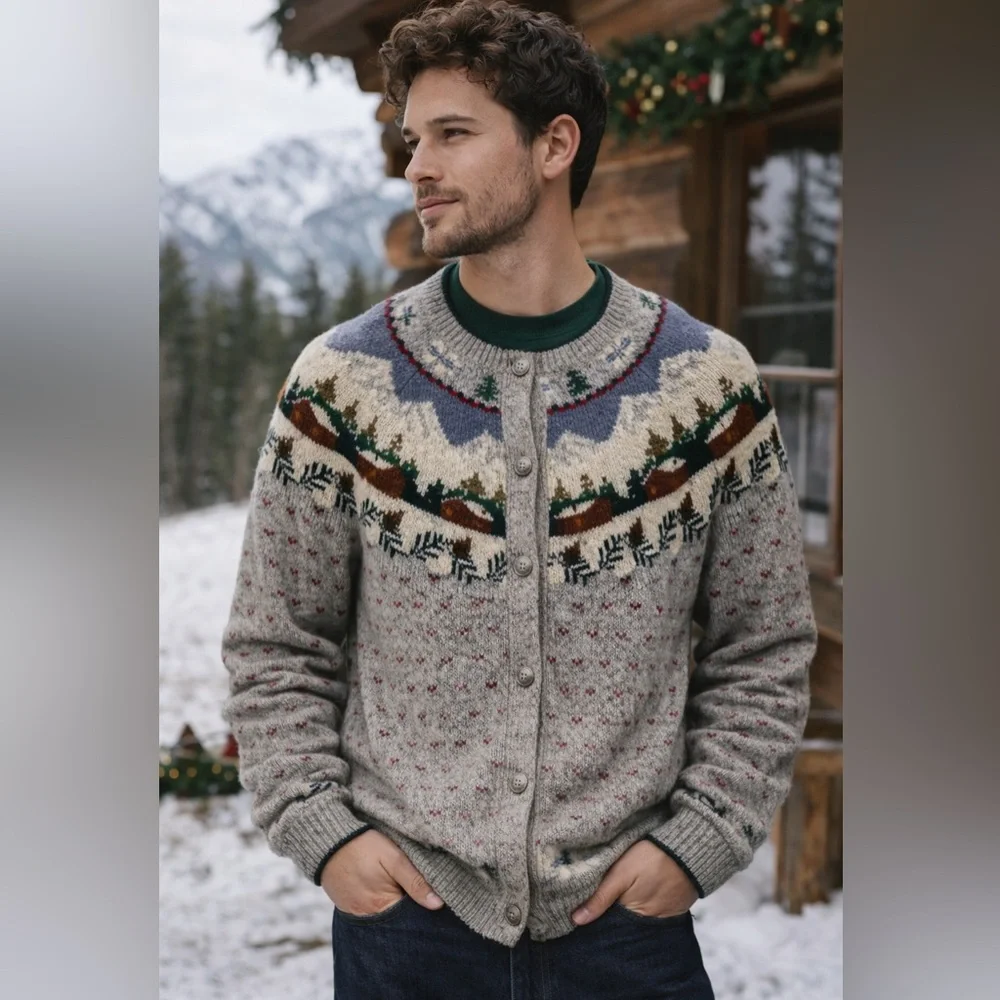Vintage Woolrich Gray Fair Isle Wool Cardigan Sweater Nordic Button Front Size L - Picture 1 of 11